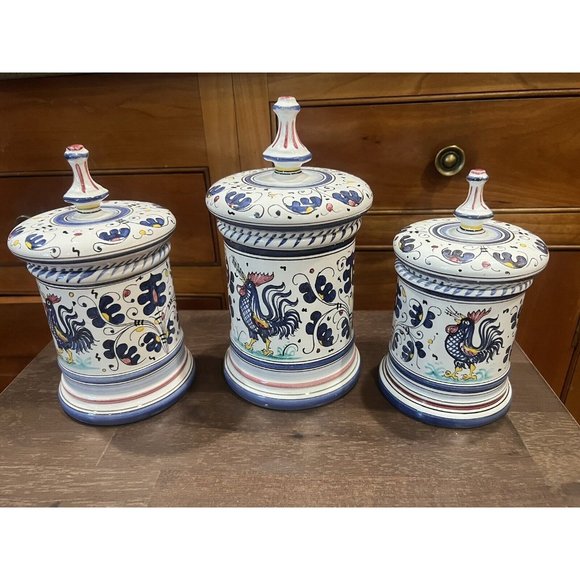 Deruta Orvieto Blue Rooster Canister Set Of 3 Hand painted Pottery W/Lids READ - Picture 6 of 14